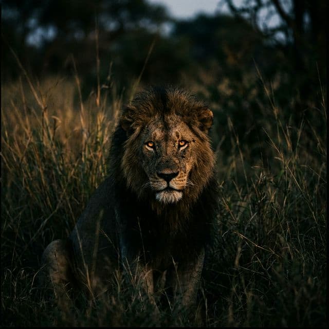 A full-maned lion at rest on the savanna in warm light