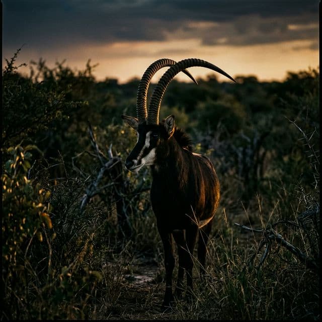 A black sable bull with sweeping scimitar horns standing in the bushveld